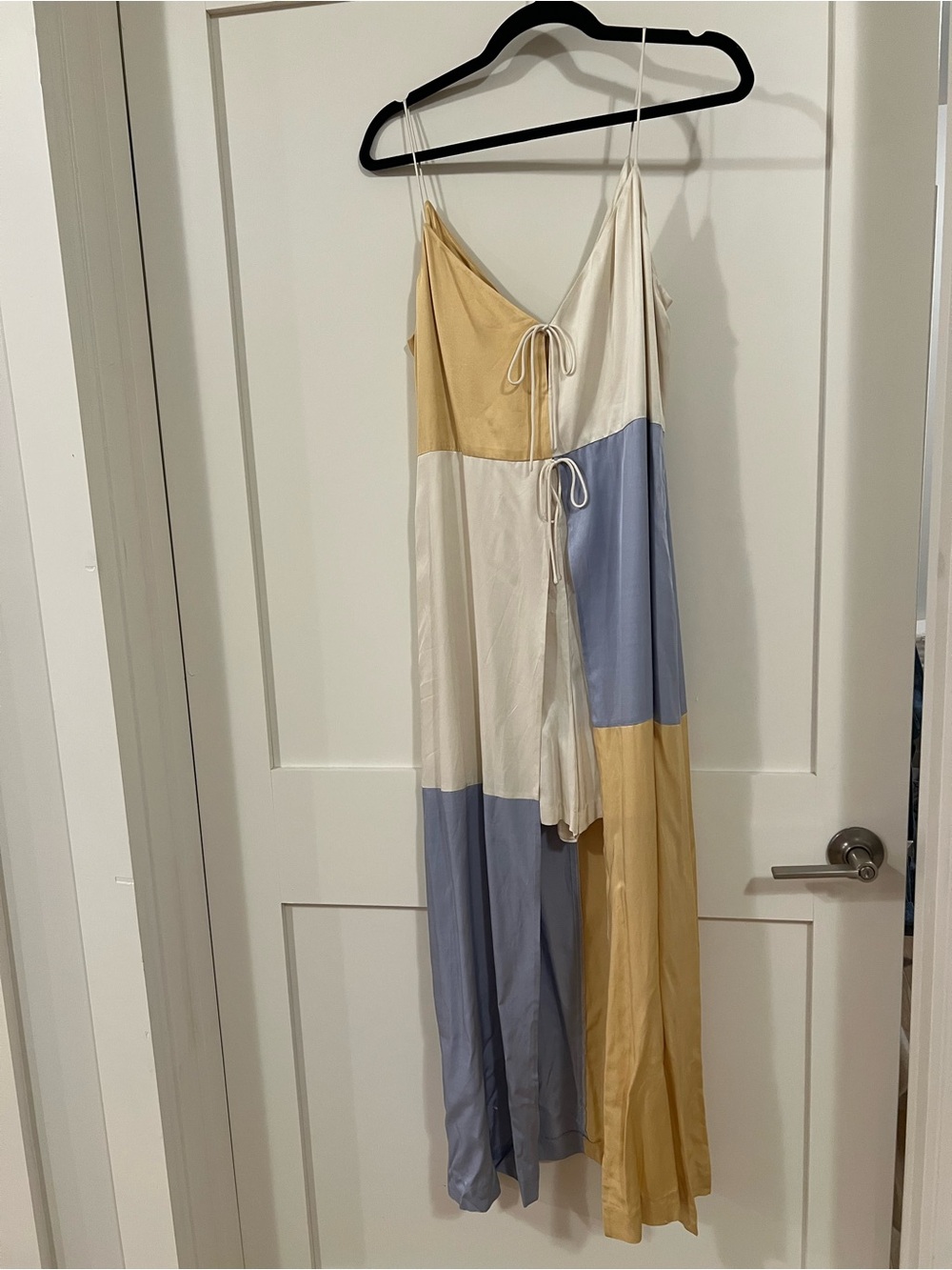 Rebecca Taylor Colorblock Satin Jumpsuit/Romper - Cream, Light Blue & Mustard